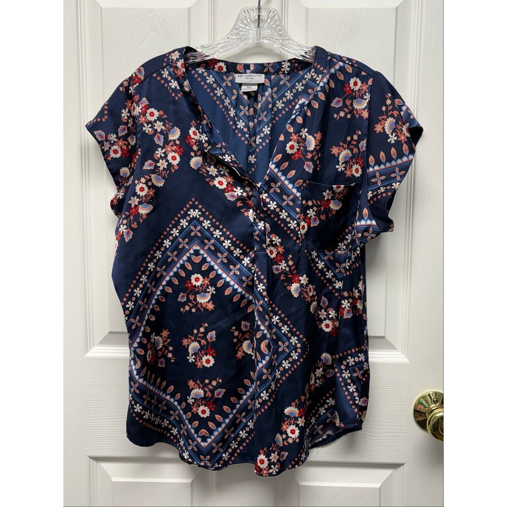 Liz Claiborne Petite Blouse Short Sleeve Floral Size XLP Navy Blue Open Neck